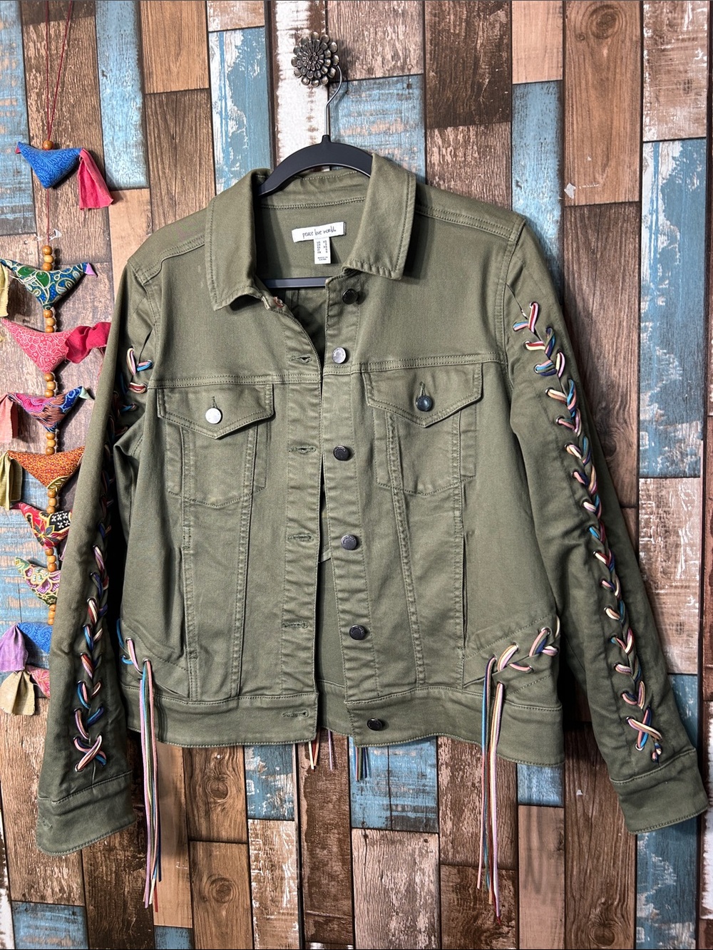 Peace Love World Olive Jean Jacket with Multicolor leather Lace-Up Sleeves